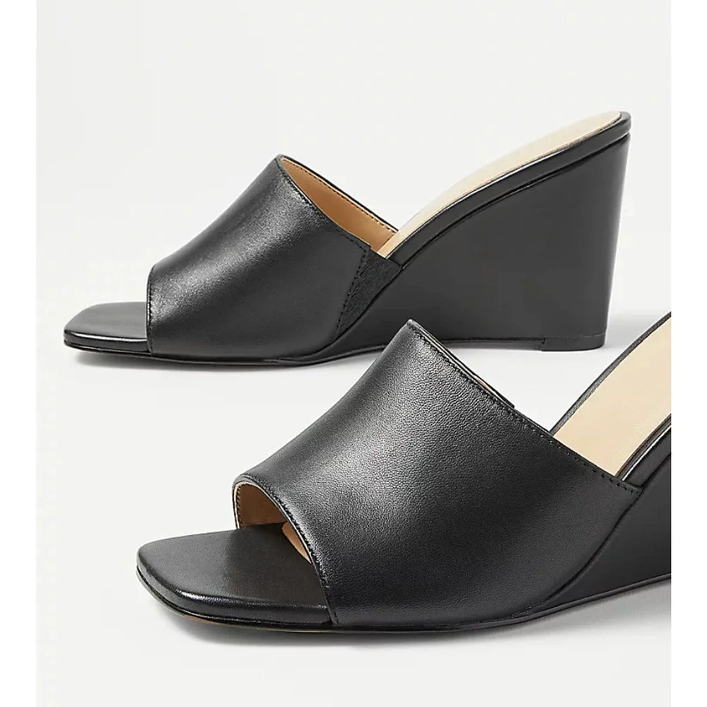 NEW ANN TAYLOR BLACK LEATHER STRAP HIGH WEDGE SANDALS HEELS SHOES SHOES SZ 8.5